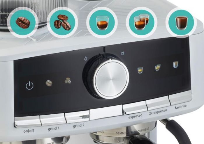 Кавоварка Gorenje ріжкова 2.5л, кавомолка 0,25л, капучинатор, кнопочне керування, білий