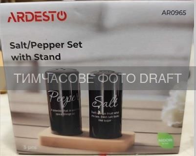 Набір для солі та перцю на підставці Ardesto Midori, 8.5см, 3 предмети, кераміка, бамбук, чорний