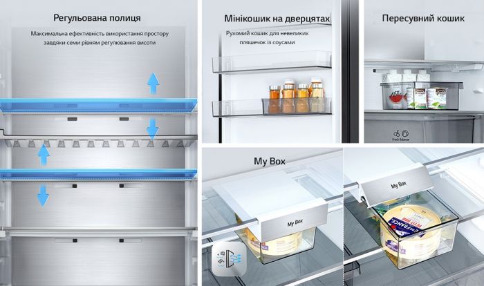 Холодильник LG з нижн. мороз., 203x60х68, холод.відд.-262л, мороз.відд.-113л, 2дв., E, NF, інв., диспл зовн., Fresh Сonverter, Metal Fresh, чорний