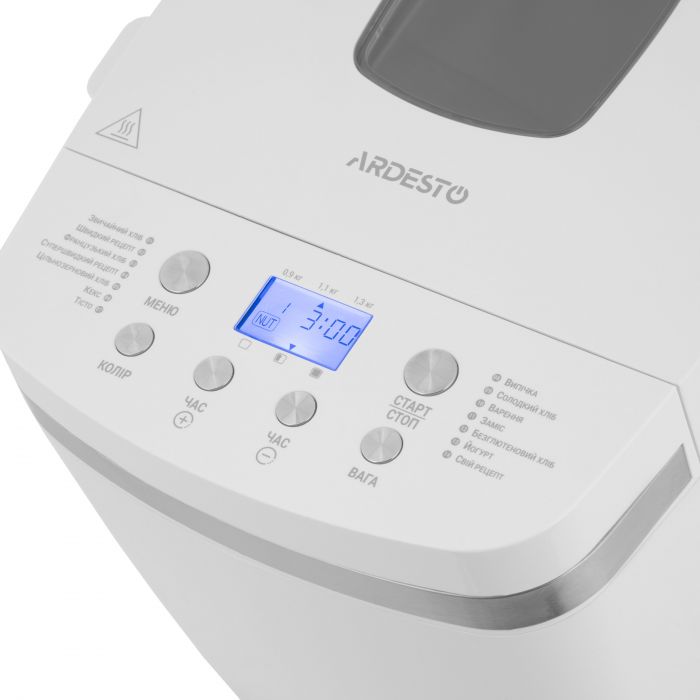 Хлібопічка ARDESTO 850Вт, програм-13, макс.вага -1.3кг, форма прямокутник, пластик, білий