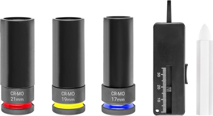 Набір ударних торцевих головок Einhell 80мм 1/2" крейда, вимірювач протектора кейс 3шт