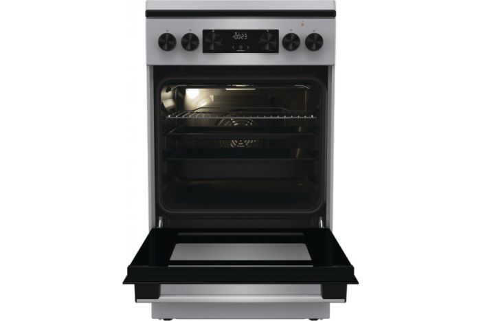 Плита Gorenje комбінована, 62л, 50x60см, метал. кришка, дисплей, емальовані реш, титан