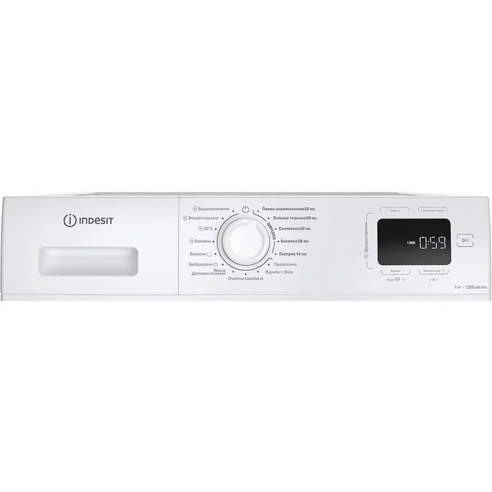 Пральна машина Indesit фронтальна, 7кг, 1200, A+++, 49.6см, дисплей, пара, інвертор, люк чорний, білий