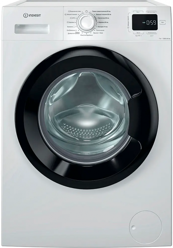Пральна машина Indesit фронтальна, 7кг, 1200, A+++, 49.6см, дисплей, пара, інвертор, люк чорний, білий