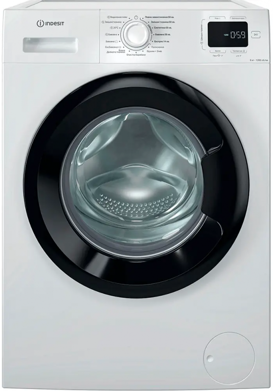 Пральна машина Indesit фронтальна, 6кг, 1200, A+++, 44.6см, дисплей, пара, інвертор, люк чорний, білий