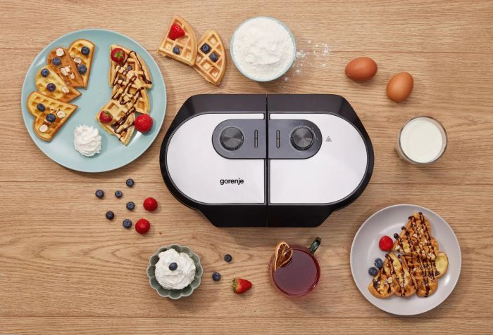 Міні-гриль  Gorenje 1400Вт, алюміній, пластина д/вафель, корпус-метал, чорний