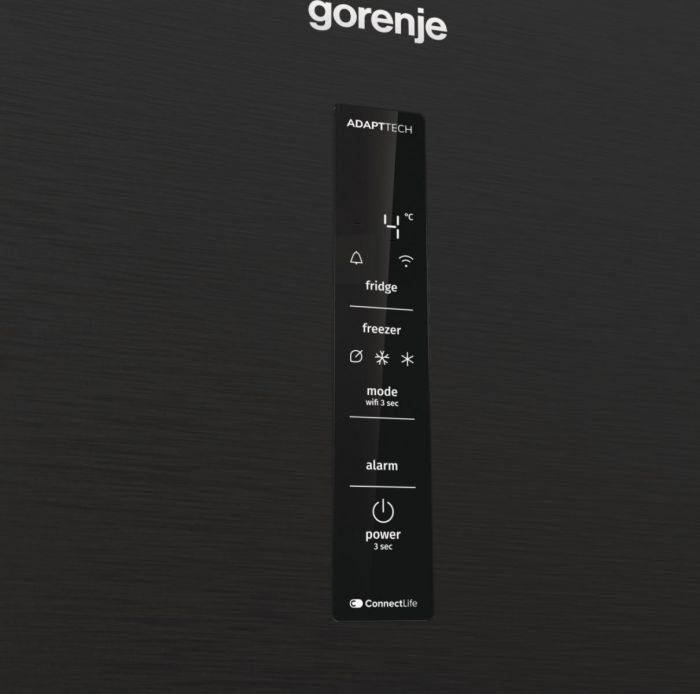Холодильник з нижн. мороз. камерою Gorenje, 203х66х60см, 2 двері, 257(121)л, А+, Total NF, Зона св-ті, Інвертор, Зовн. Дисп, Wi-Fi, Чорний