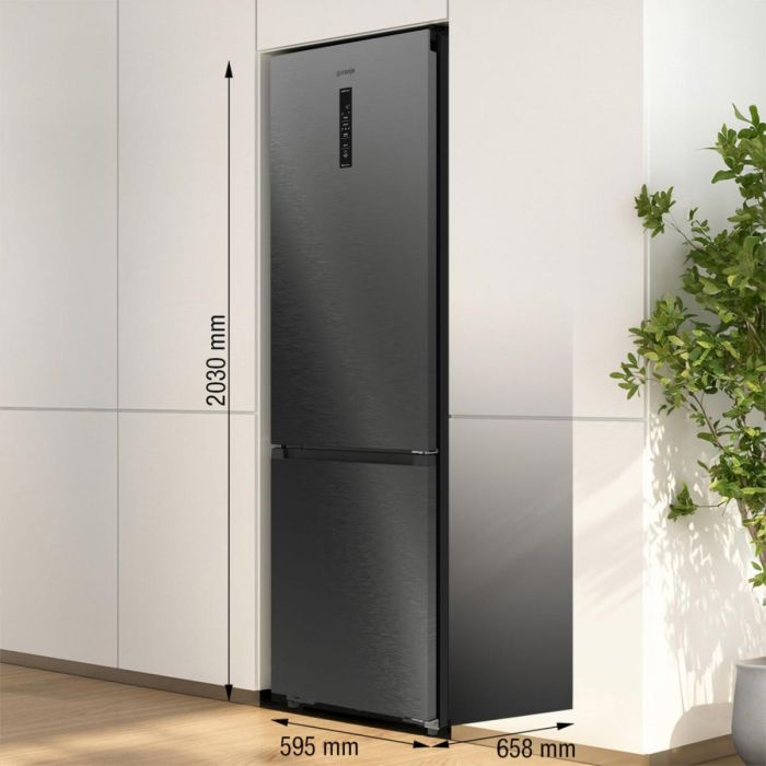 Холодильник з нижн. мороз. камерою Gorenje, 203х66х60см, 2 двері, 257(121)л, А+, Total NF, Зона св-ті, Інвертор, Зовн. Дисп, Wi-Fi, Чорний