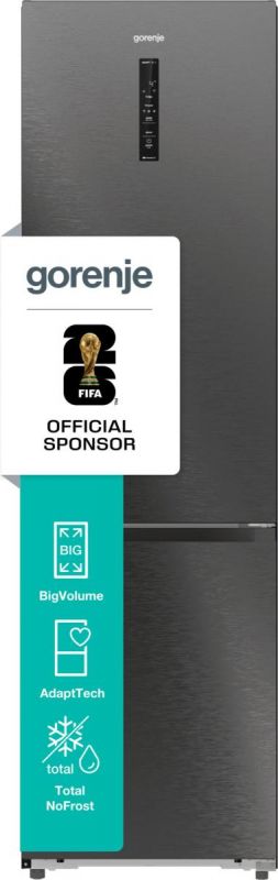Холодильник з нижн. мороз. камерою Gorenje, 203х66х60см, 2 двері, 257(121)л, А+, Total NF, Зона св-ті, Інвертор, Зовн. Дисп, Wi-Fi, Чорний