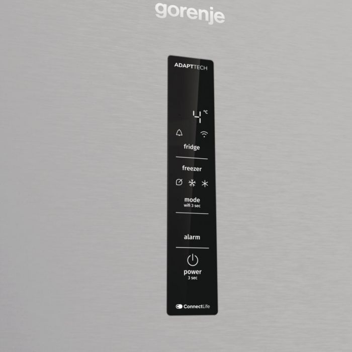 Холодильник з нижн. мороз. камерою Gorenje, 203х66х60см, 2 двері, 283(130)л, А+, Total NF, Зона св-ті, Інвертор, Зовн. Дисп, Wi-Fi, нерж
