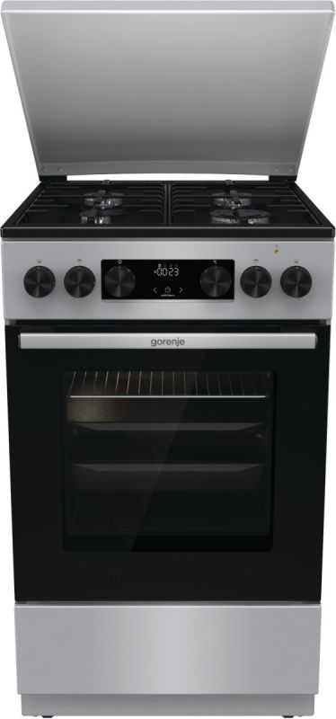Плита Gorenje комбінована, 70л, 50x60см, метал. кришка, дисплей, IconLed, емальовані реш, титан