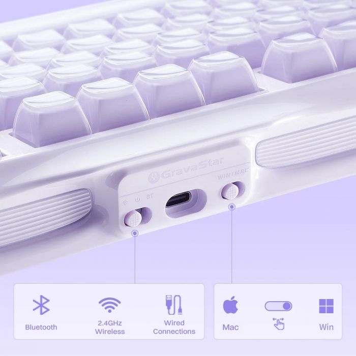 Клавіатура механічна GravaStar Mercury K1 80keys, GravaStar x Kailh Cheery Pink, EN, BT/WL/USB, Lavender Purple