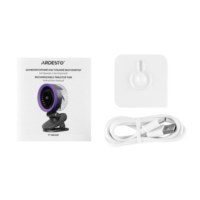 Вентилятор ARDESTO OneBreeze FT-M83GR настільний/настінний, прищіпка, 9см, дисплей, акумулятор, USB-A Type-C, сірий