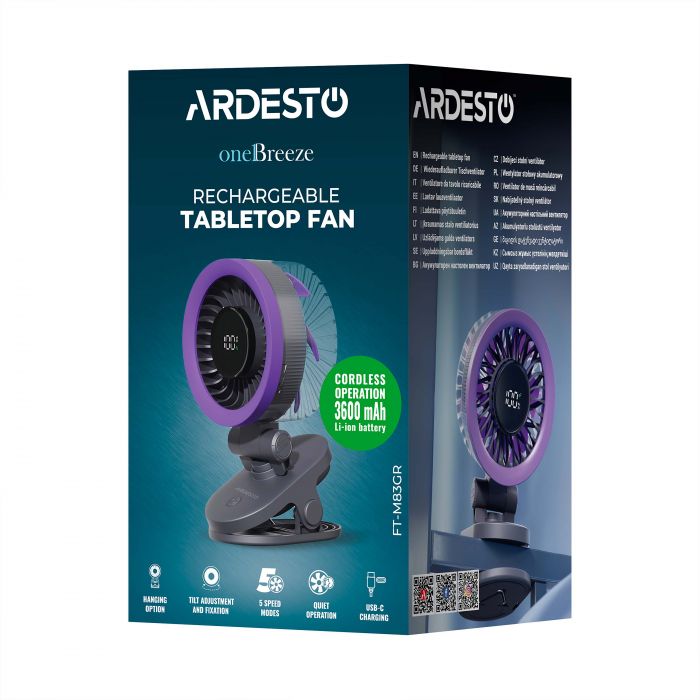 Вентилятор ARDESTO OneBreeze FT-M83GR настільний/настінний, прищіпка, 9см, дисплей, акумулятор, USB-A Type-C, сірий
