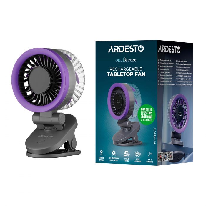 Вентилятор ARDESTO OneBreeze FT-M83GR настільний/настінний, прищіпка, 9см, дисплей, акумулятор, USB-A Type-C, сірий