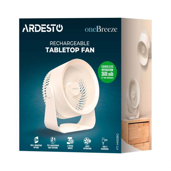 Вентилятор ARDESTO OneBreeze FT-M55BG настільний/настінний, 14см, акумулятор, USB-A Type-C, бежевий