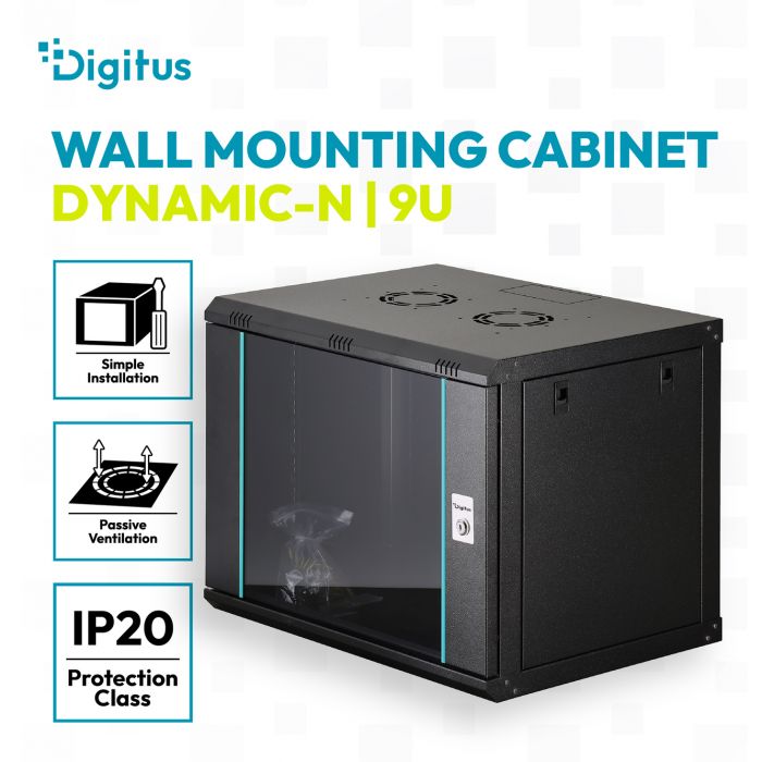 Шафа DIGITUS 19", 9U, Wall Mounting Dynamic-N, 600x600 мм, 60кг максимально, розібрана, чорна