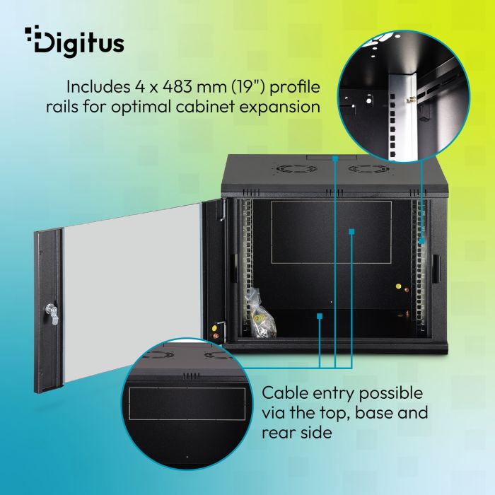 Шафа DIGITUS 19", 9U, Wall Mounting Dynamic-N, 600x600 мм, 60кг максимально, розібрана, чорна
