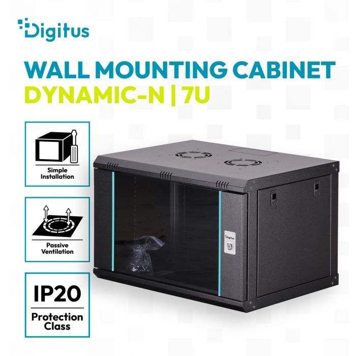 Шафа DIGITUS 19", 7U, Wall Mounting Dynamic-N, 600x600 мм, 60кг максимально, розібрана, чорна