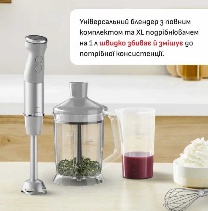 Блендер Tefal заглибний Quickchef+ 1000Вт, 3в1, чаша-800мл, чопер-1000мл, турборежим, сріблясто-сірий