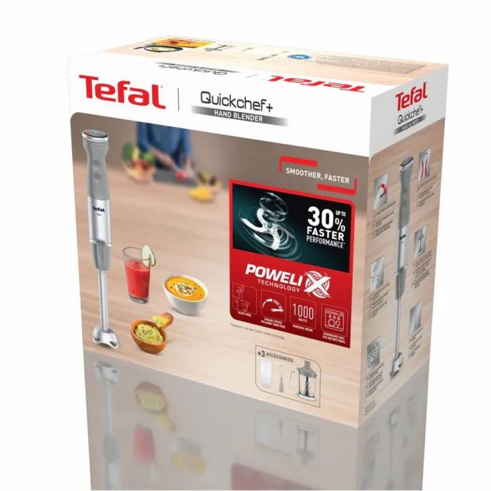 Блендер Tefal заглибний Quickchef+ 1000Вт, 3в1, чаша-800мл, чопер-1000мл, турборежим, сріблясто-сірий