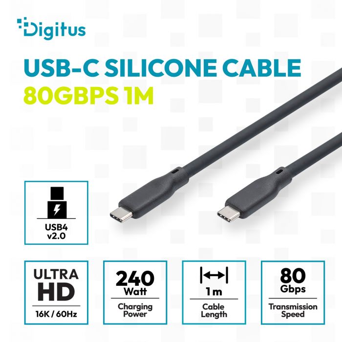 Кабель DIGITUS USB-C > USB-C заряджання/синхронізації, USB4 2.0, 80G, 240W, 16K, силіконовий, 0.5м, чорний