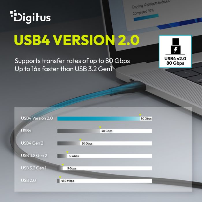 Кабель DIGITUS USB-C > USB-C заряджання/синхронізації, USB4 2.0, 80G, 240W, 16K, силіконовий, 0.5м, чорний