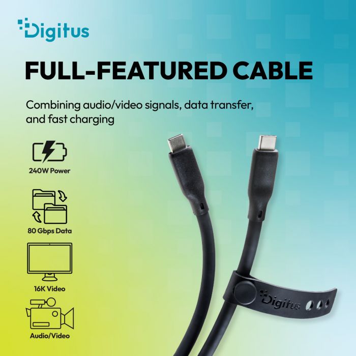 Кабель DIGITUS USB-C > USB-C заряджання/синхронізації, USB4 2.0, 80G, 240W, 16K, силіконовий, 0.5м, чорний