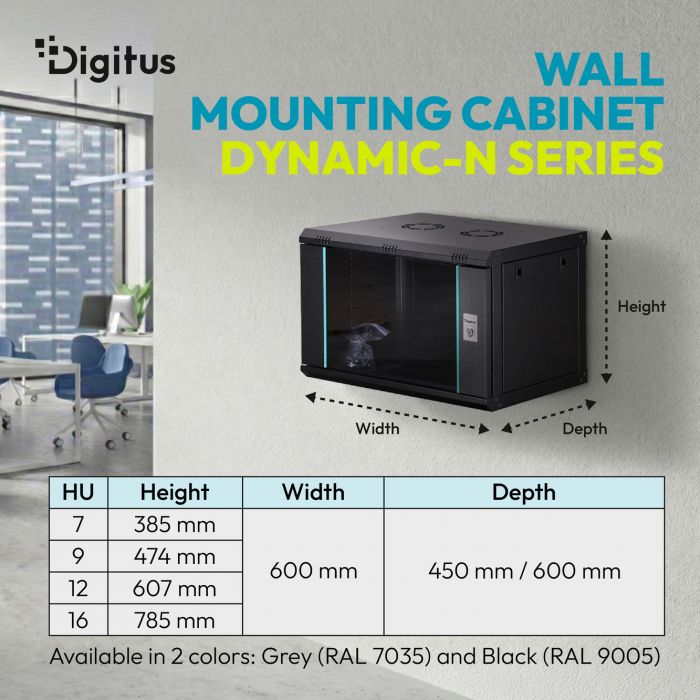 Шафа DIGITUS 19", 16U, Wall Mounting Dynamic-N, 600x600 мм, 60кг максимально, розібрана, чорна