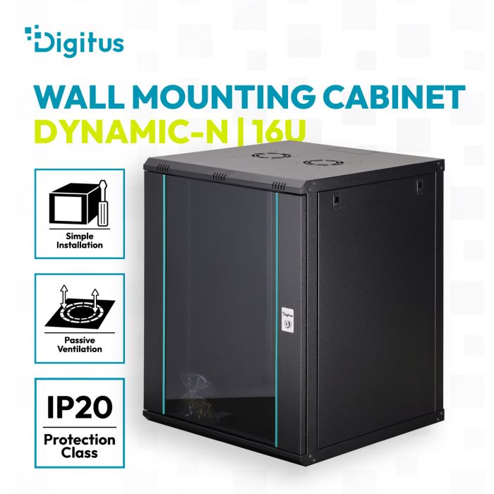 Шафа DIGITUS 19", 16U, Wall Mounting Dynamic-N, 600x600 мм, 60кг максимально, розібрана, чорна