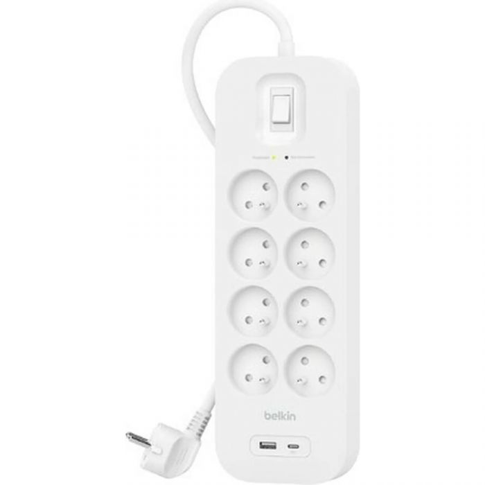 Подовжувач мережевий Belkin 2м, 8хТипE, 16А, USB-A/USB-C 18Вт, фільтр, білий