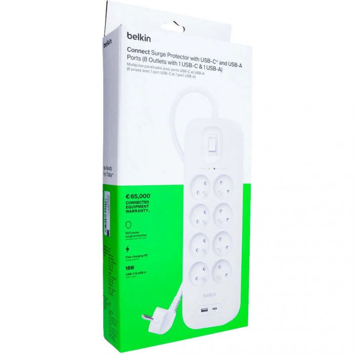 Подовжувач мережевий Belkin 2м, 8хТипE, 16А, USB-A/USB-C 18Вт, фільтр, білий