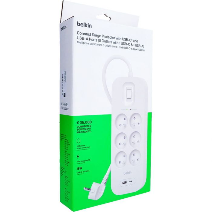Подовжувач мережевий Belkin 2м, 6хТипE, 16А, USB-A/USB-C 18Вт, фільтр, білий