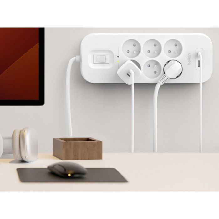 Подовжувач мережевий Belkin 2м, 6хТипE, 16А, USB-A/USB-C 18Вт, фільтр, білий