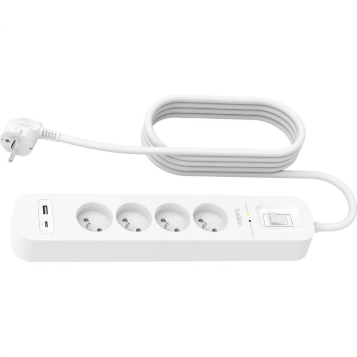 Подовжувач мережевий Belkin 2м, 4хТипE, 16А, USB-A/USB-C 18Вт, фільтр, білий