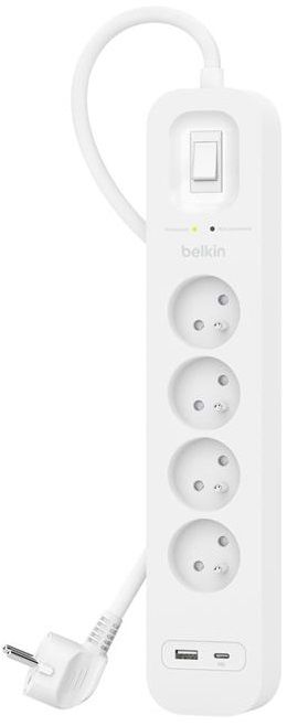 Подовжувач мережевий Belkin 2м, 4хТипE, 16А, USB-A/USB-C 18Вт, фільтр, білий