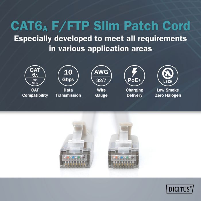 Патч-корд DIGITUS CAT 6a F-FTP Sliim, 1,5 м, AWG 32/7, Cu, LSZH, сірий