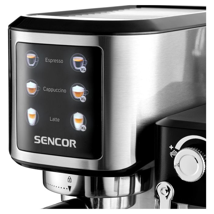 Кавоварка Sencor ріжкова 1л, мелена, автоматичний капучинатор, LCD-дисплей, нерж. сталь, сірий