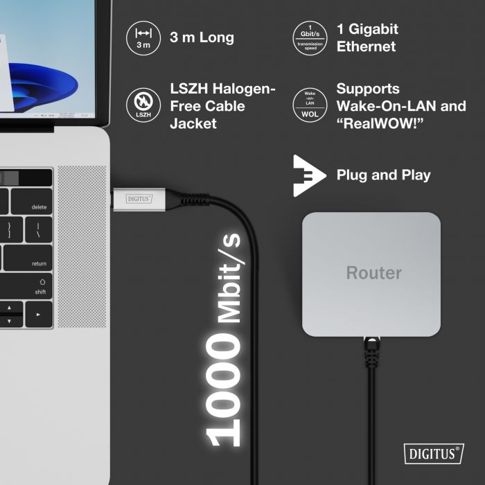 Кабель DIGITUS Ethernet USB-C - RJ45 CAT 6A S/FTP, 1 Gbit/s, 3m, LSZH