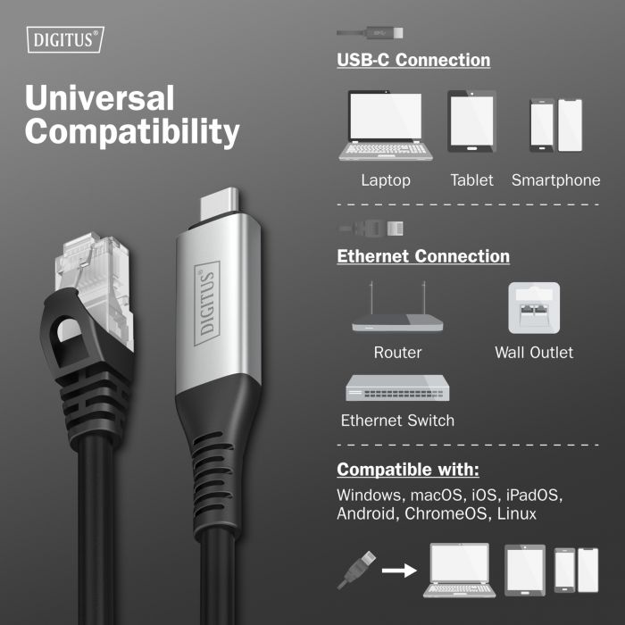 Кабель DIGITUS Ethernet USB-C - RJ45 CAT 6A S/FTP, 1 Gbit/s, 3m, LSZH