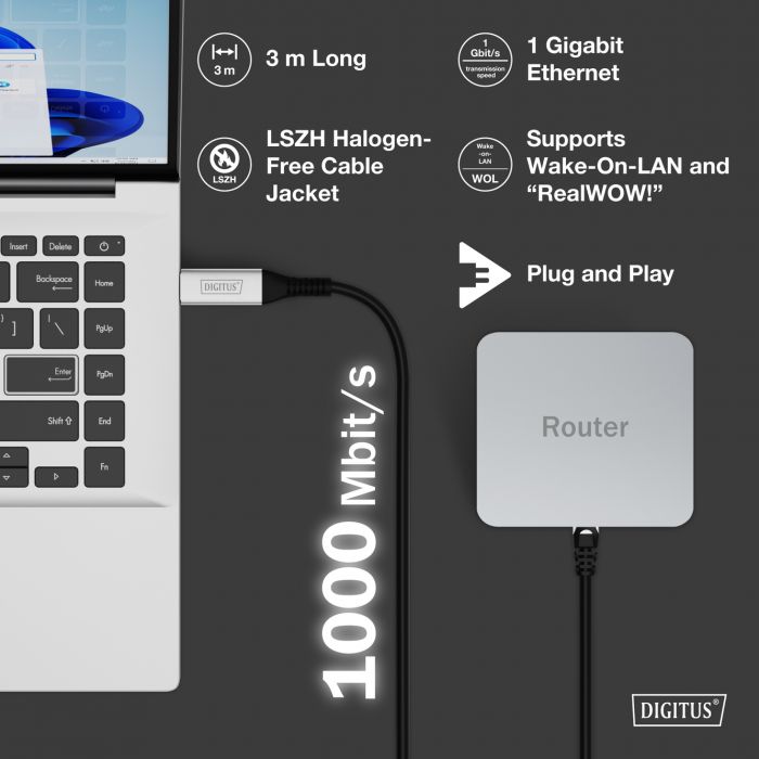Кабель DIGITUS Ethernet USB-A - RJ45 CAT 6A S/FTP, 1 Gbit/s, 3m, LSZH