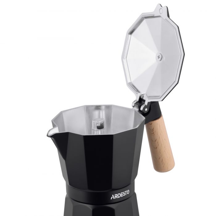 Гейзерна кавоварка Ardesto Midori, 240мл, 6 чашки, алюміній, бамбук