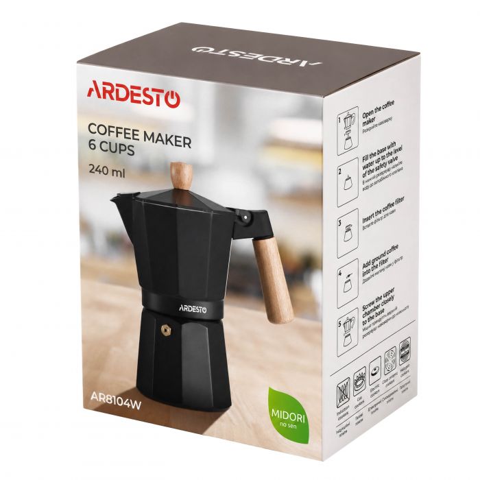 Гейзерна кавоварка Ardesto Midori, 240мл, 6 чашки, алюміній, бамбук