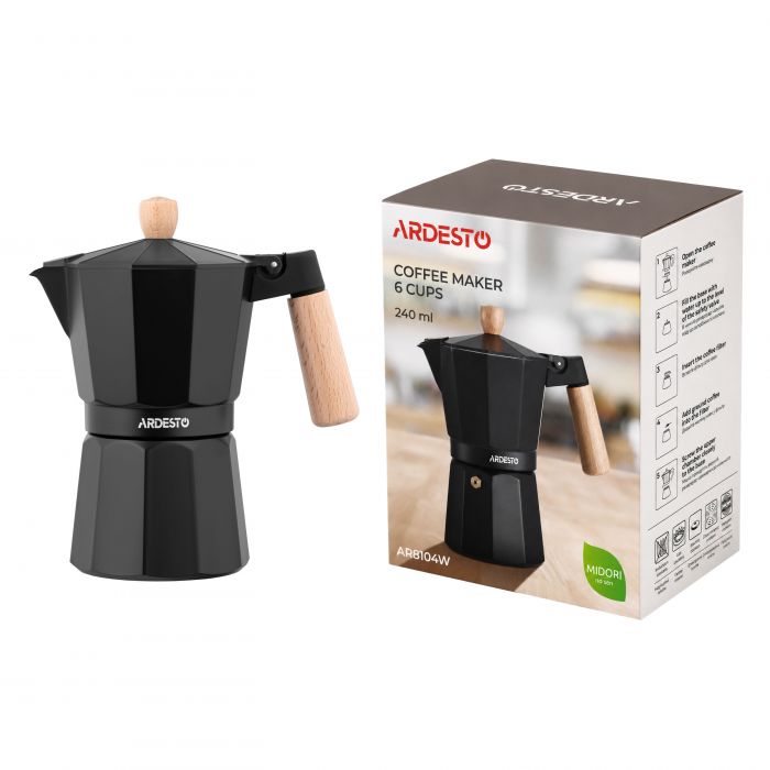 Гейзерна кавоварка Ardesto Midori, 240мл, 6 чашки, алюміній, бамбук