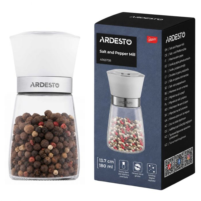 Млинок для солі та перцю Ardesto Gemini, 180мл, скло, нержавіюча сталь, прозорий
