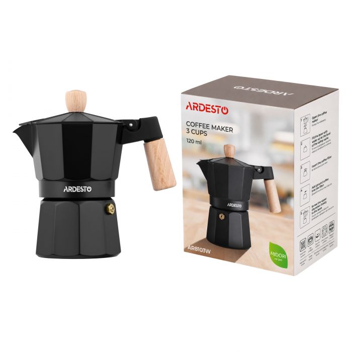Гейзерна кавоварка Ardesto Midori, 120мл, 3 чашки, алюміній, бамбук