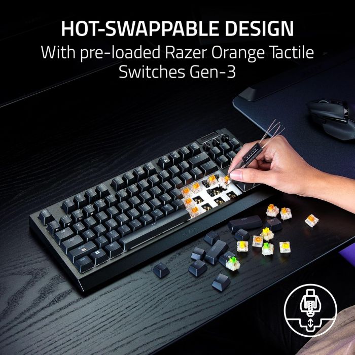 Клавіатура механічна Razer BlackWidow V4 TKL HyperSpeed, 87key, Orange Switch Gen-3, USB-A/WL/BT, EN, RGB, чорний
