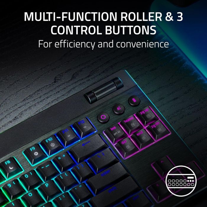 Клавіатура механічна Razer BlackWidow V4 Low-profile TKL HyperSpeed, 87key, Yellow Switch, USB-A/WL/BT, EN, RGB, чорний