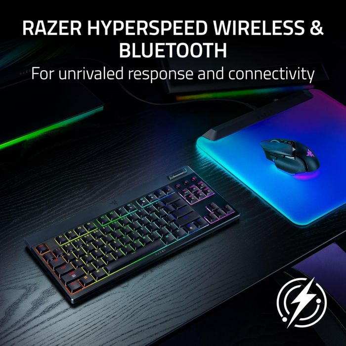 Клавіатура механічна Razer BlackWidow V4 Low-profile TKL HyperSpeed, 87key, Yellow Switch, USB-A/WL/BT, EN, RGB, чорний
