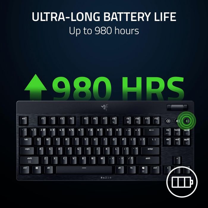 Клавіатура механічна Razer BlackWidow V4 Low-profile TKL HyperSpeed, 87key, Green Switch, USB-A/WL/BT, EN, RGB, чорний